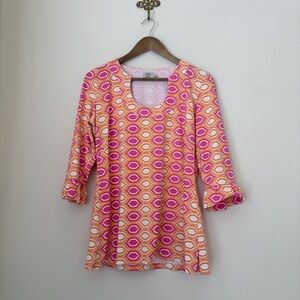 Katherine Way Geometric Print Ruffle Tunic Top Large Summer Resortwear